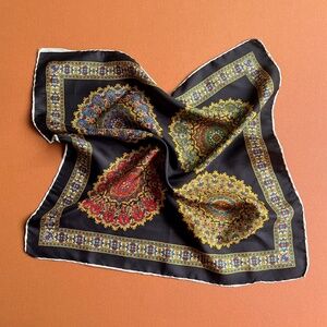 Vintage 1970s Black Silk Scarf With Four Ornate Circles